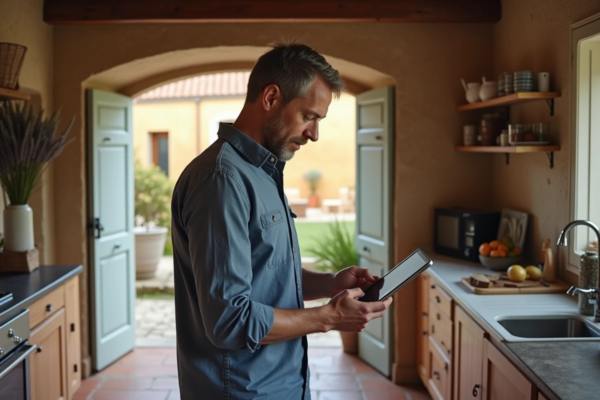 Propriétaire de gîte consultant son tableau de bord Gîtes de France sur une tablette dans une cuisine de ferme rénovée