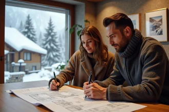 Couple consultant des plans immobiliers dans une agence en Andorre avec vue sur un village de montagne enneigé