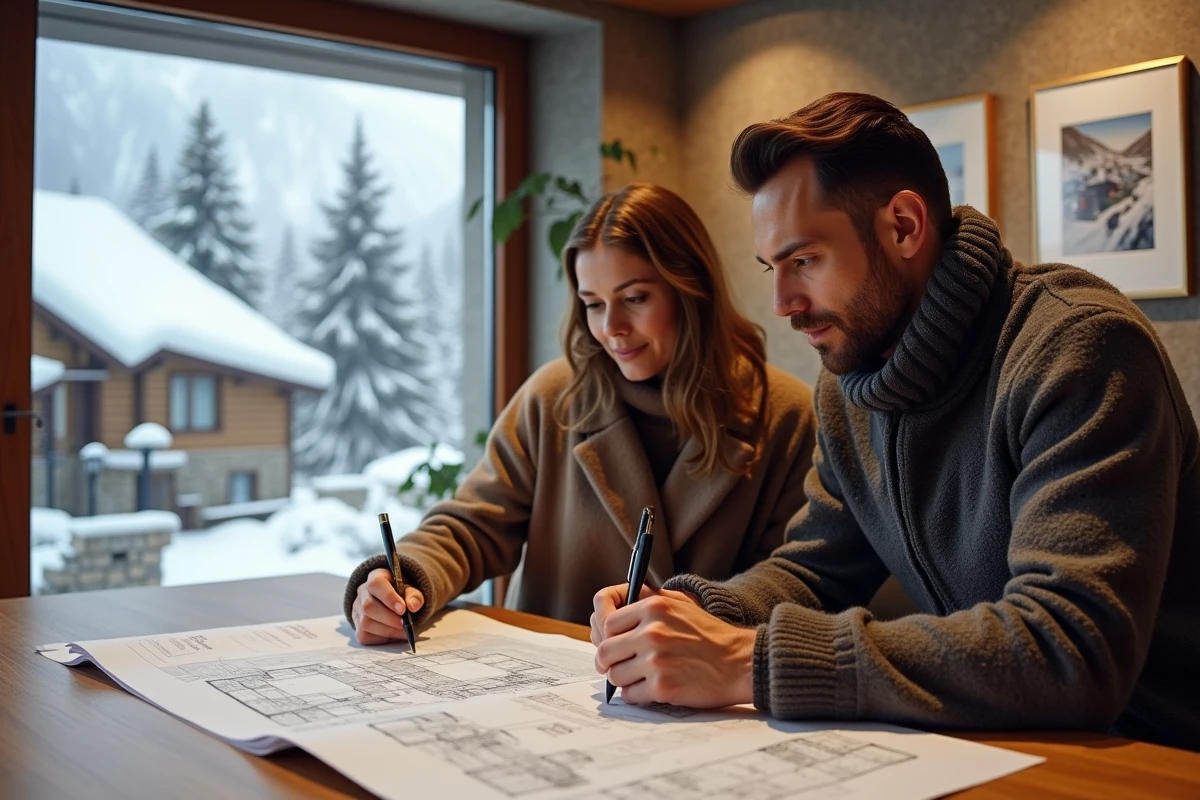 Couple consultant des plans immobiliers dans une agence en Andorre avec vue sur un village de montagne enneigé