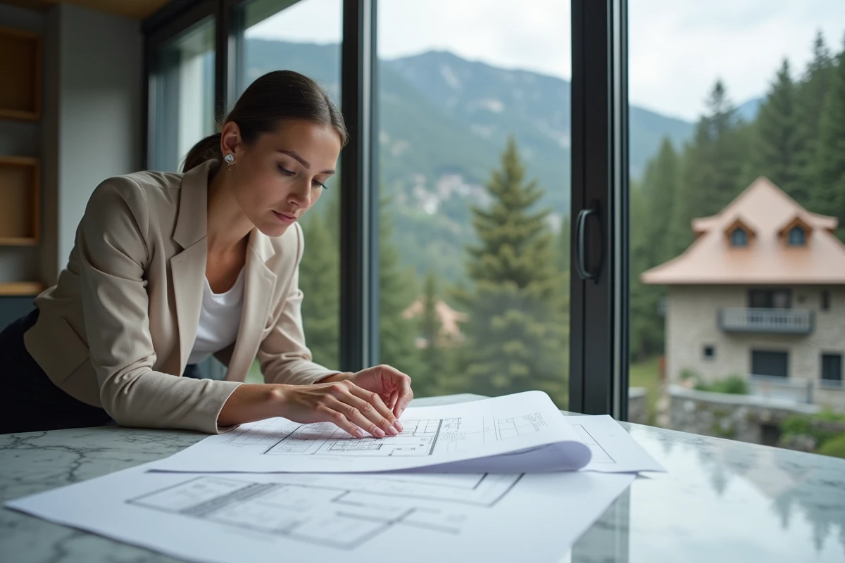 Femme consultant des plans immobiliers dans une agence moderne en Andorre avec vue sur les montagnes des Pyrénées