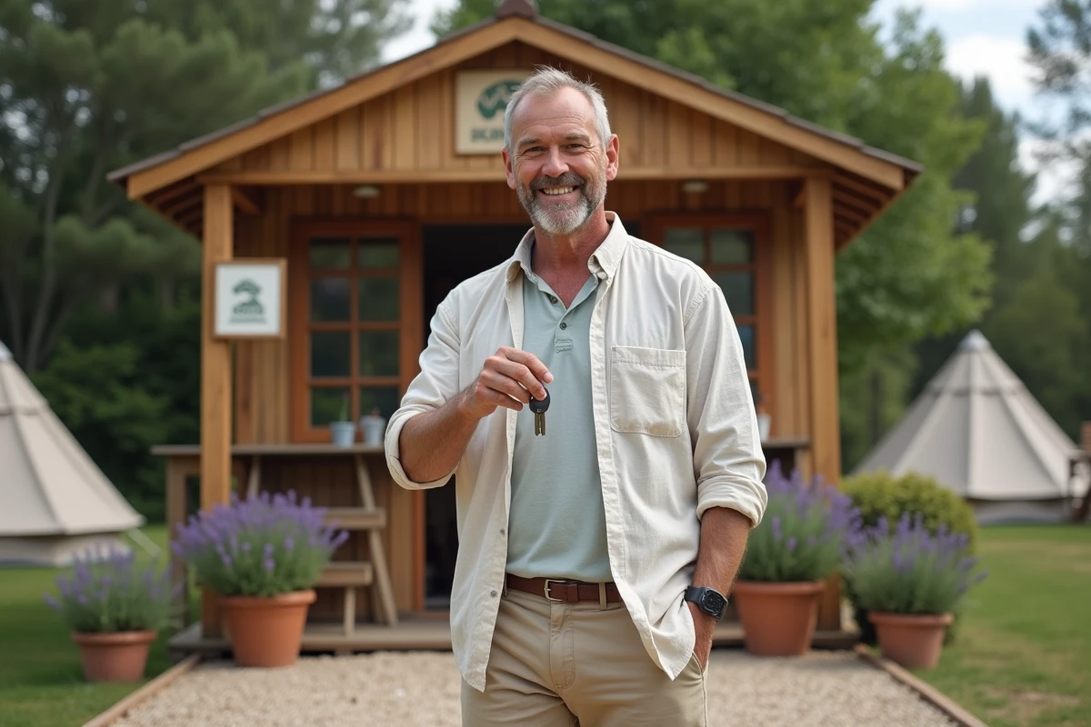 Un homme dans la quarantaine tient les clés de son camping à l'entrée de la réception, symbolisant sa reconversion professionnelle de salarié à gérant de camping