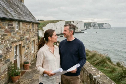 Couple devant une maison en pierre normande en bord de mer, contemplant l'horizon sur la côte normande avec falaises en arrière-plan