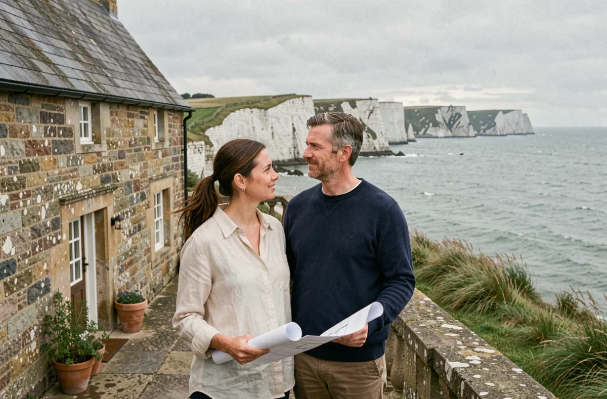 Couple devant une maison en pierre normande en bord de mer, contemplant l'horizon sur la côte normande avec falaises en arrière-plan