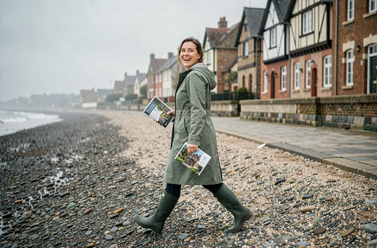 Femme souriante sur une plage de galets en Normandie tenant une brochure immobilière, avec des villas de bord de mer en arrière-plan