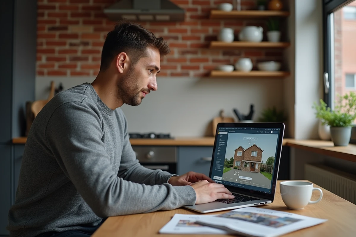 Acheteur particulier consultant les prix d'une visite virtuelle immobilière 360 sur ordinateur portable