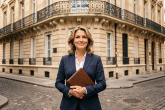 Agent immobilière devant les façades en pierre de taille de Bordeaux, représentant le marché immobilier bordelais