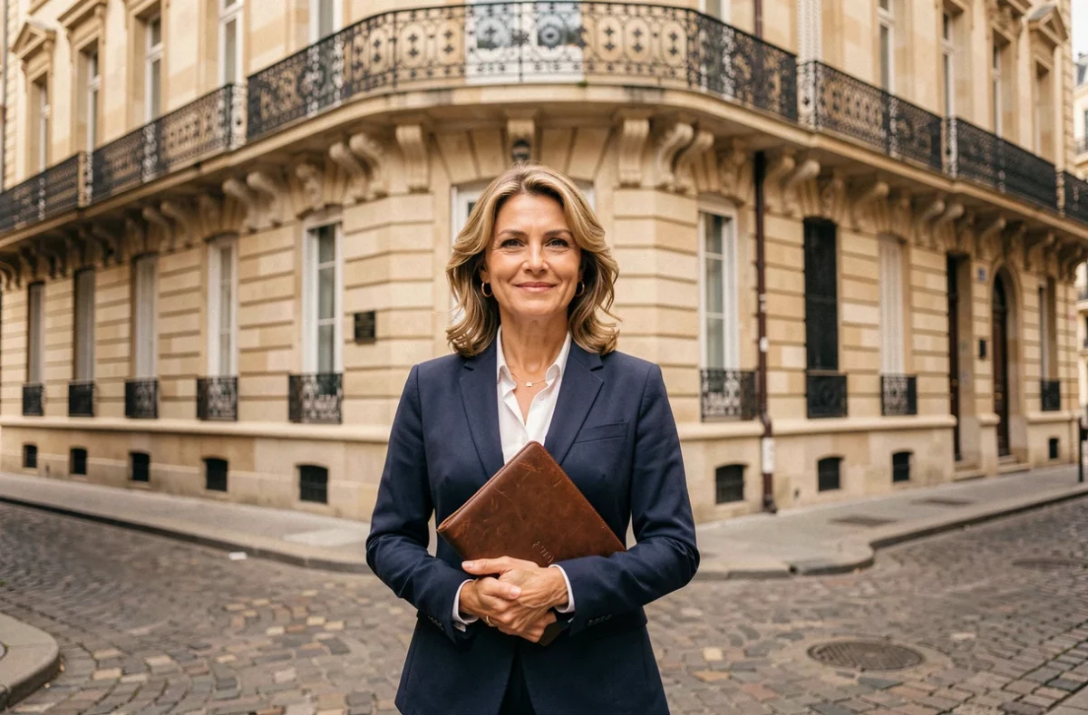 Agent immobilière devant les façades en pierre de taille de Bordeaux, représentant le marché immobilier bordelais