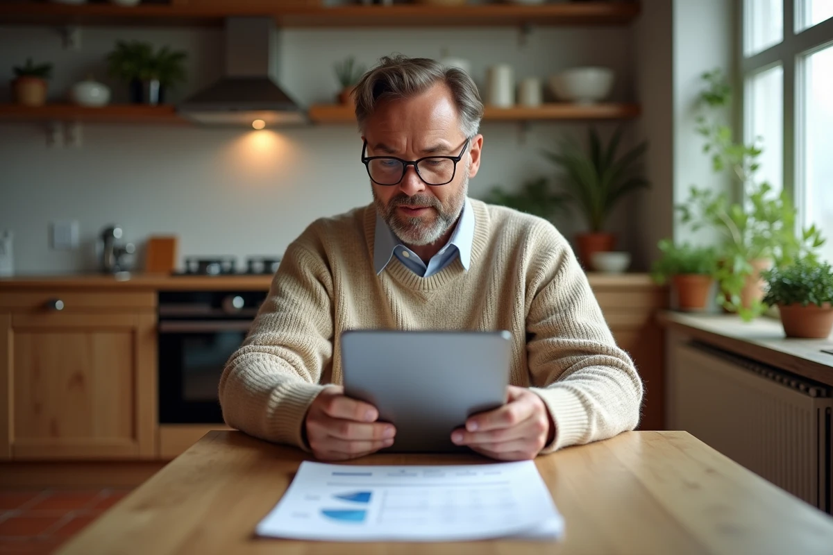 Agent immobilier comparant une estimation imprimée et une application d'évaluation sur tablette dans une cuisine résidentielle