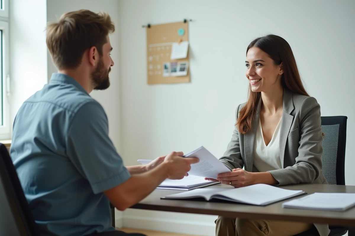 Agent immobilier discutant avec un étudiant dans un bureau moderne