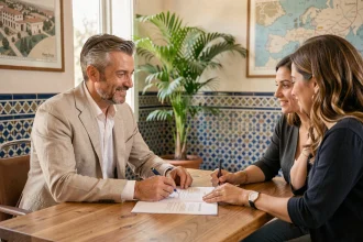 Agent immobilier marocain présentant des documents de financement à un couple dans une agence moderne de Marrakech