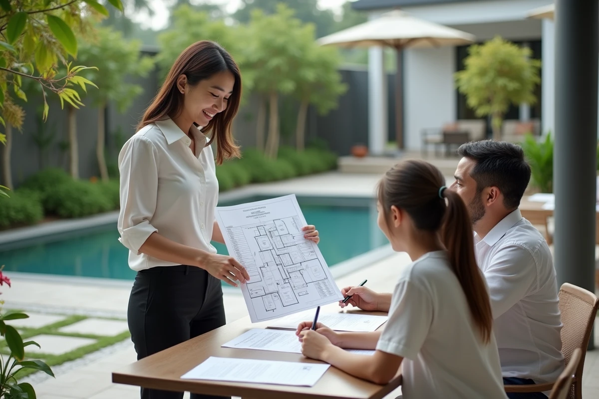 Agent immobilier pr&eacute;sentant un plan &agrave; une famille