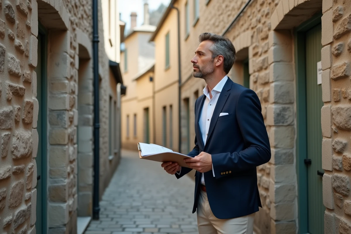 Agent immobilier évaluant une petite maison de pêcheur à vendre dans une ruelle de village de caractère