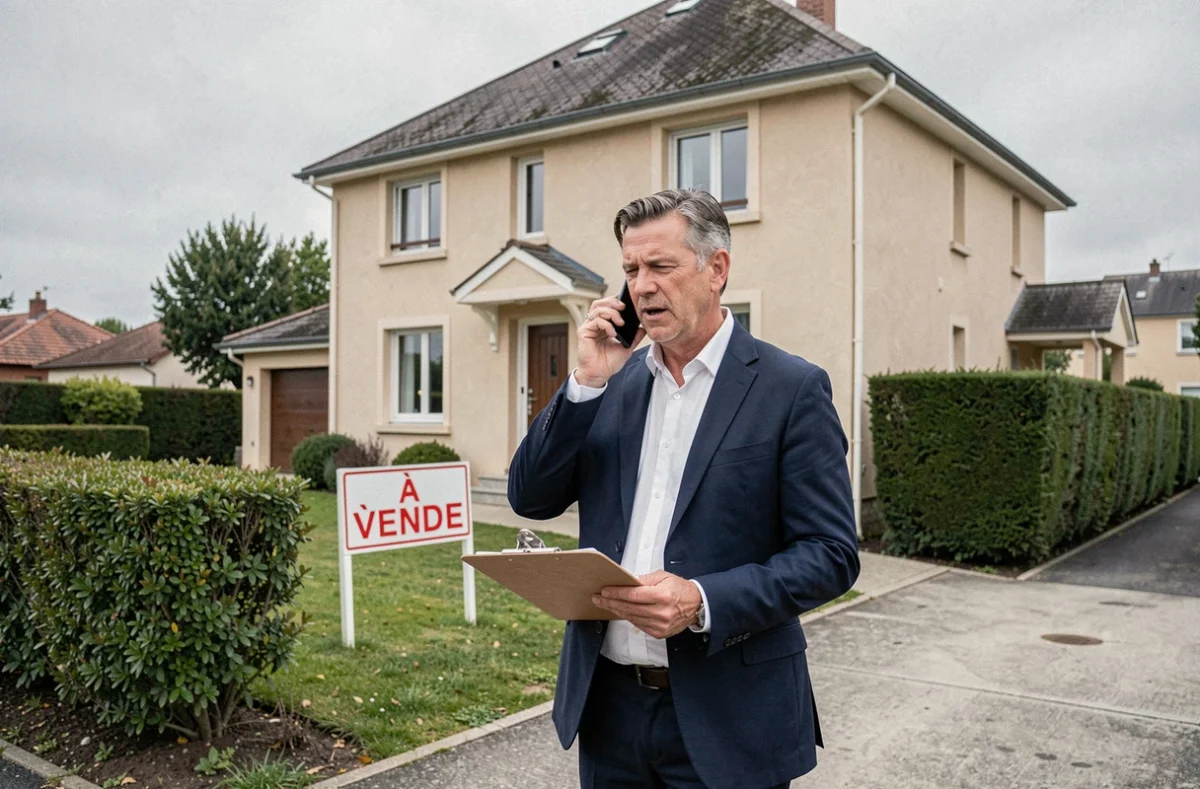 Agent immobilier devant une maison à vendre en Seine-et-Marne avec panneau de vente suite à un divorce