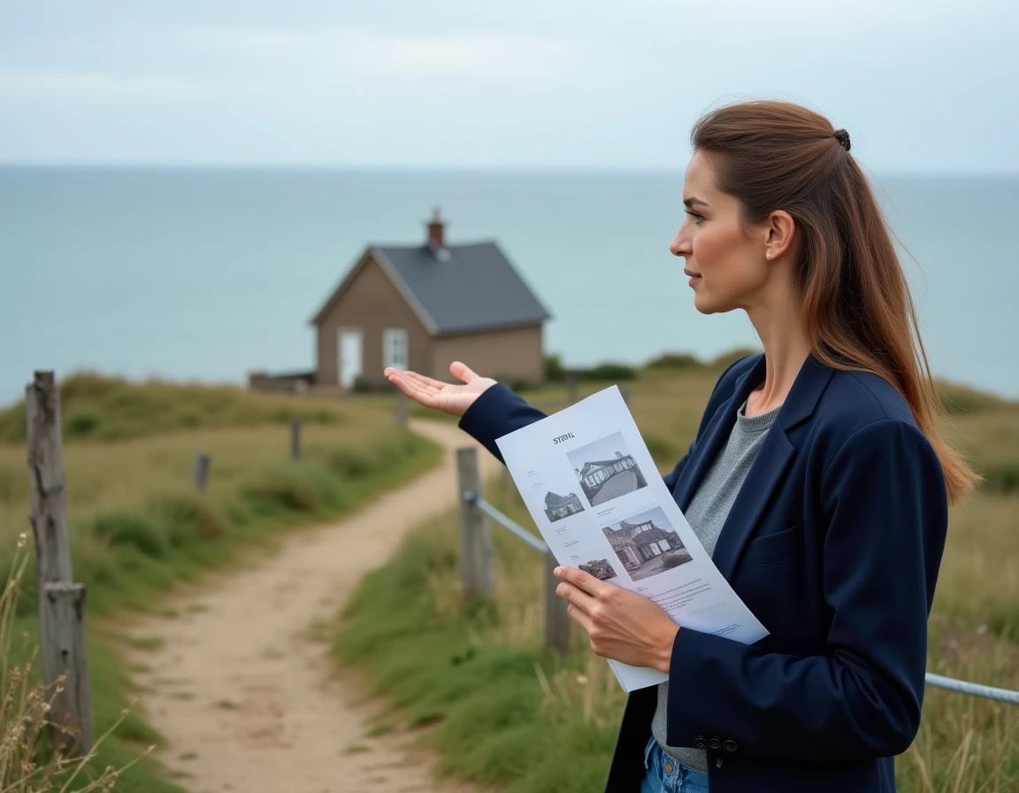 Agent immobilier présentant une petite maison normande avec vue mer depuis un sentier côtier en Normandie