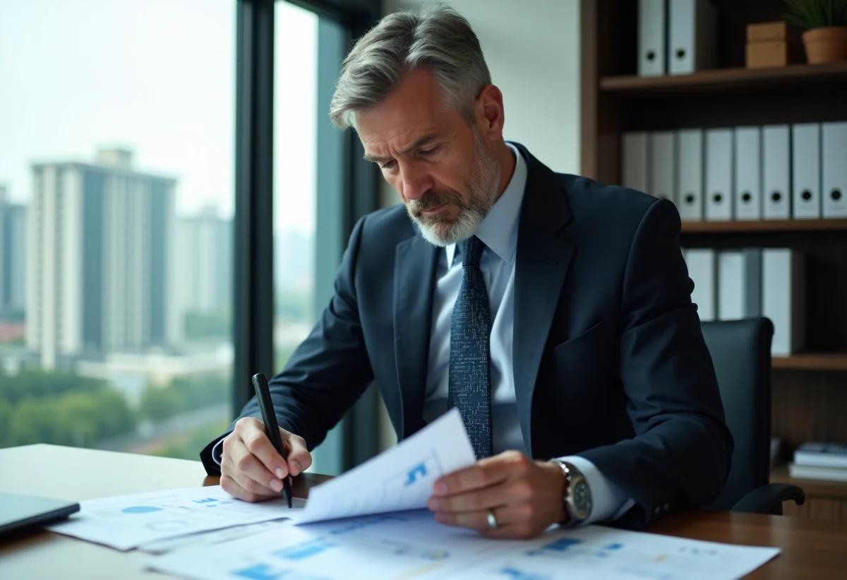 Agent immobilier en costume examine des rapports de marché