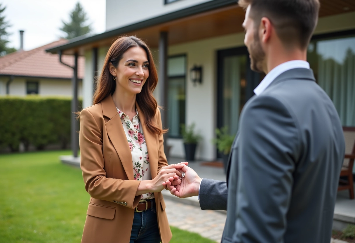 Agent immobilier remettant les clés à un jeune couple devant une maison