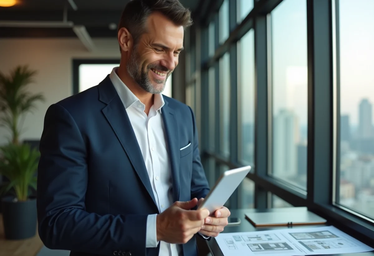 Agent immobilier confiant montrant plans d'appartement luxe