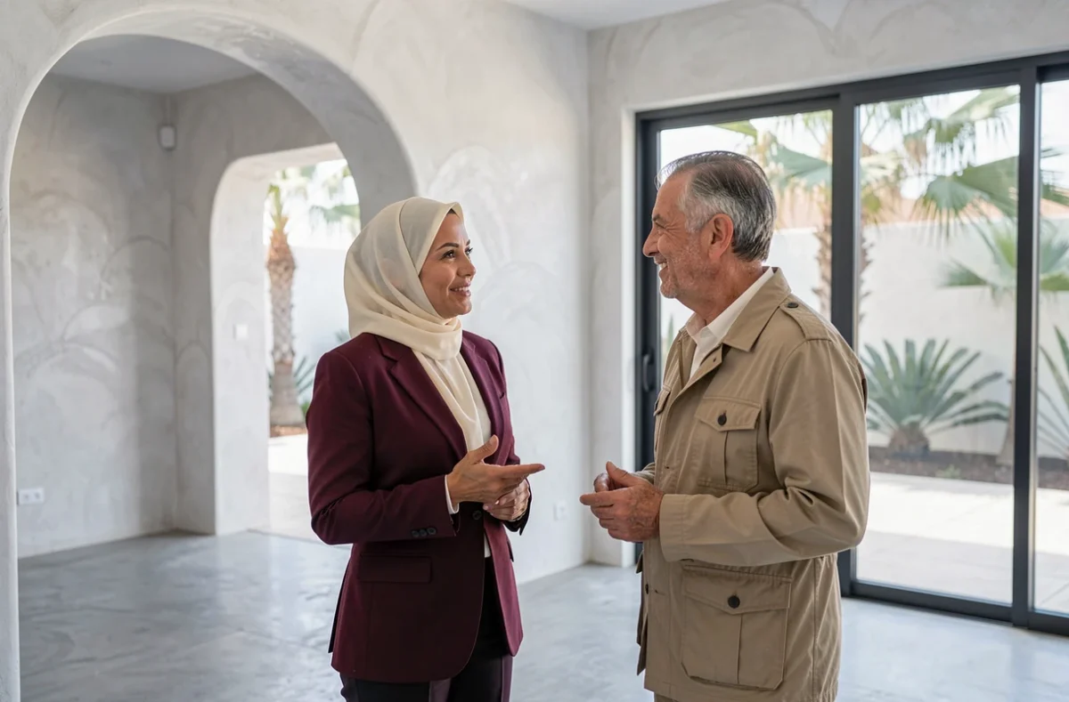 Agente immobilière présentant un appartement moderne à vendre à Marrakech à un acheteur potentiel