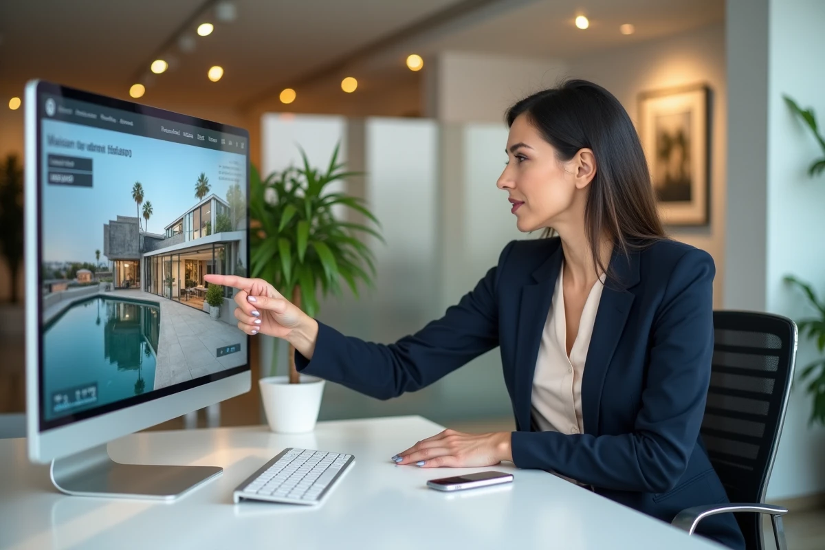 Agente immobilière présentant les tarifs d'une visite virtuelle 360 degrés sur écran en agence