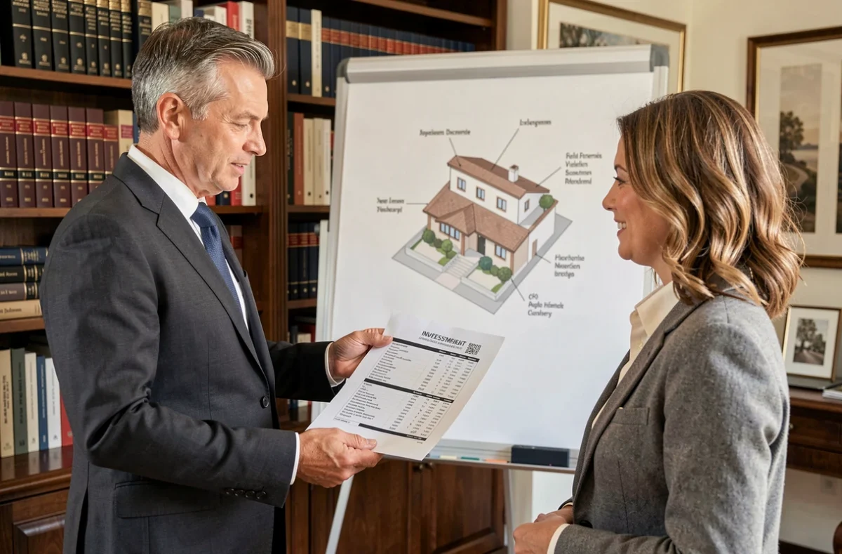 Agence Altérim Conseil Investissement, un conseiller en investissement immobilier présente un bilan de rentabilité à une cliente dans un bureau professionnel