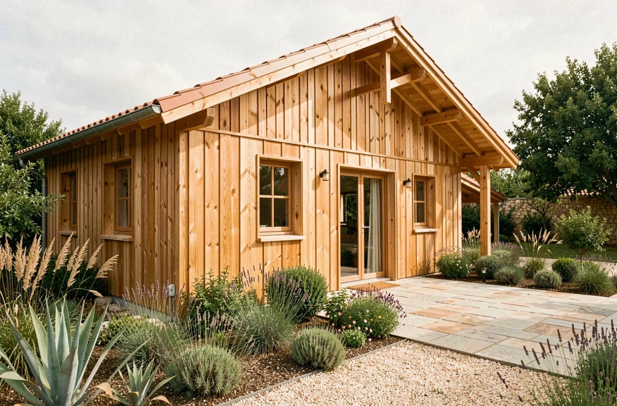 Maison individuelle en bois construite par AME BOIS, avec bardage en bois naturel, terrasse en pierre et jardin méditerranéen en Vaucluse