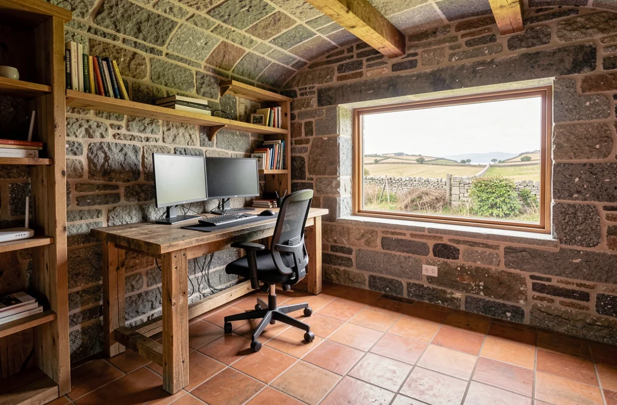 Bureau de télétravail moderne aménagé dans une longère en pierre bretonne avec vue sur la campagne du Finistère