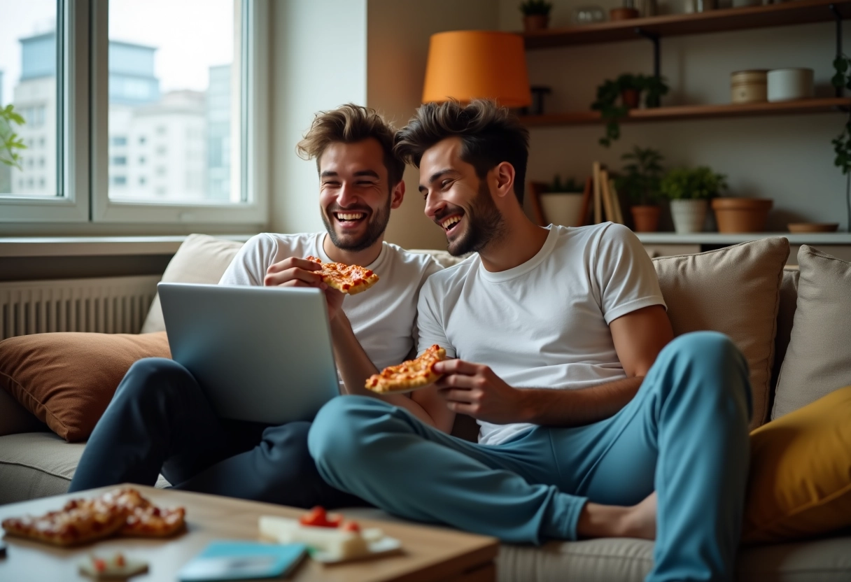 Deux amis partageant une pizza dans un salon convivial