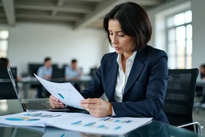 Professionnelle analysant des rapports d'estimation immobilière avec un tableau de bord numérique sur ordinateur portable dans un bureau moderne