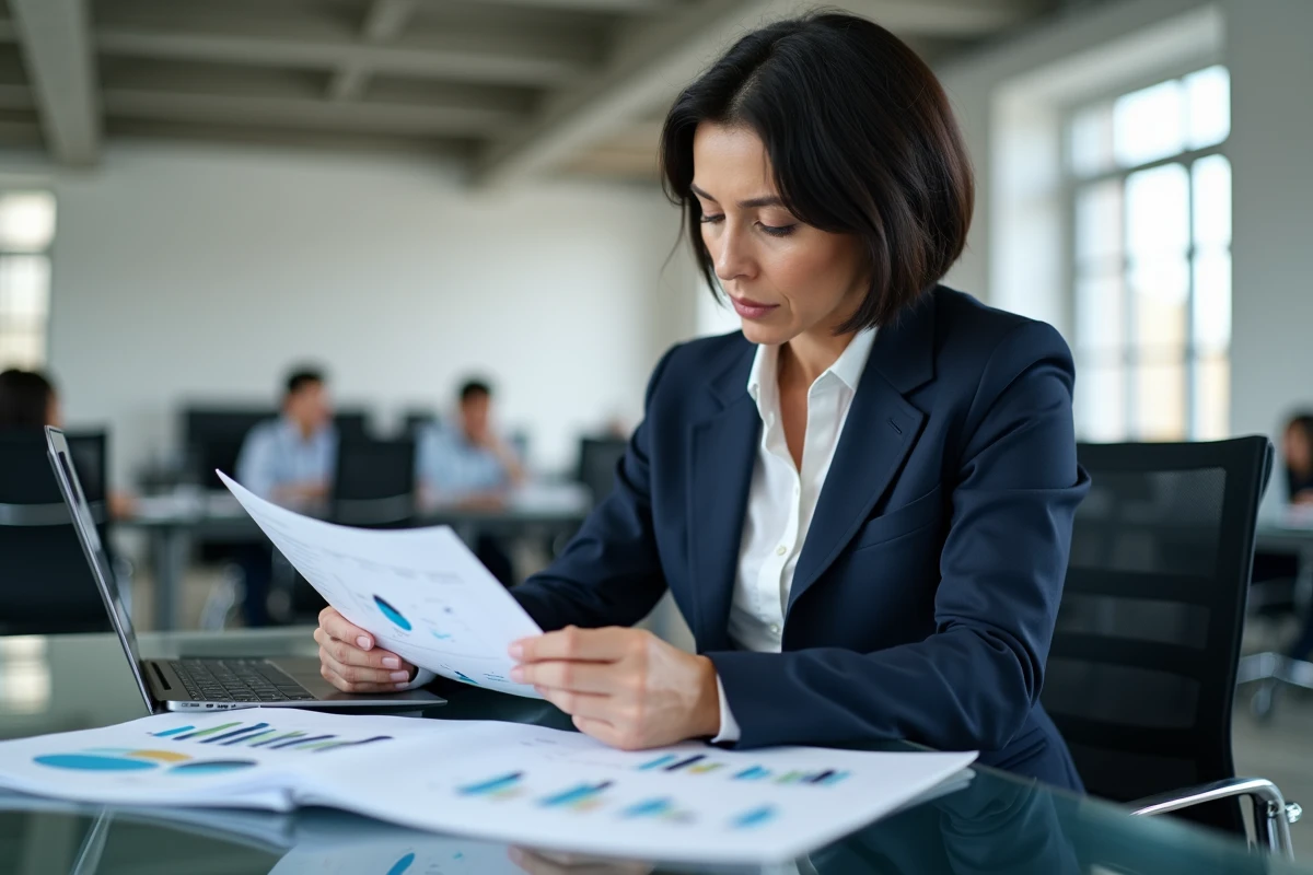Professionnelle analysant des rapports d'estimation immobilière avec un tableau de bord numérique sur ordinateur portable dans un bureau moderne