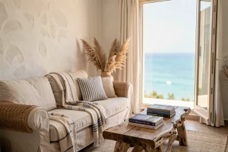 Appartement de location bord de mer bien aménagé avec décoration côtière soignée et vue sur la mer depuis le salon