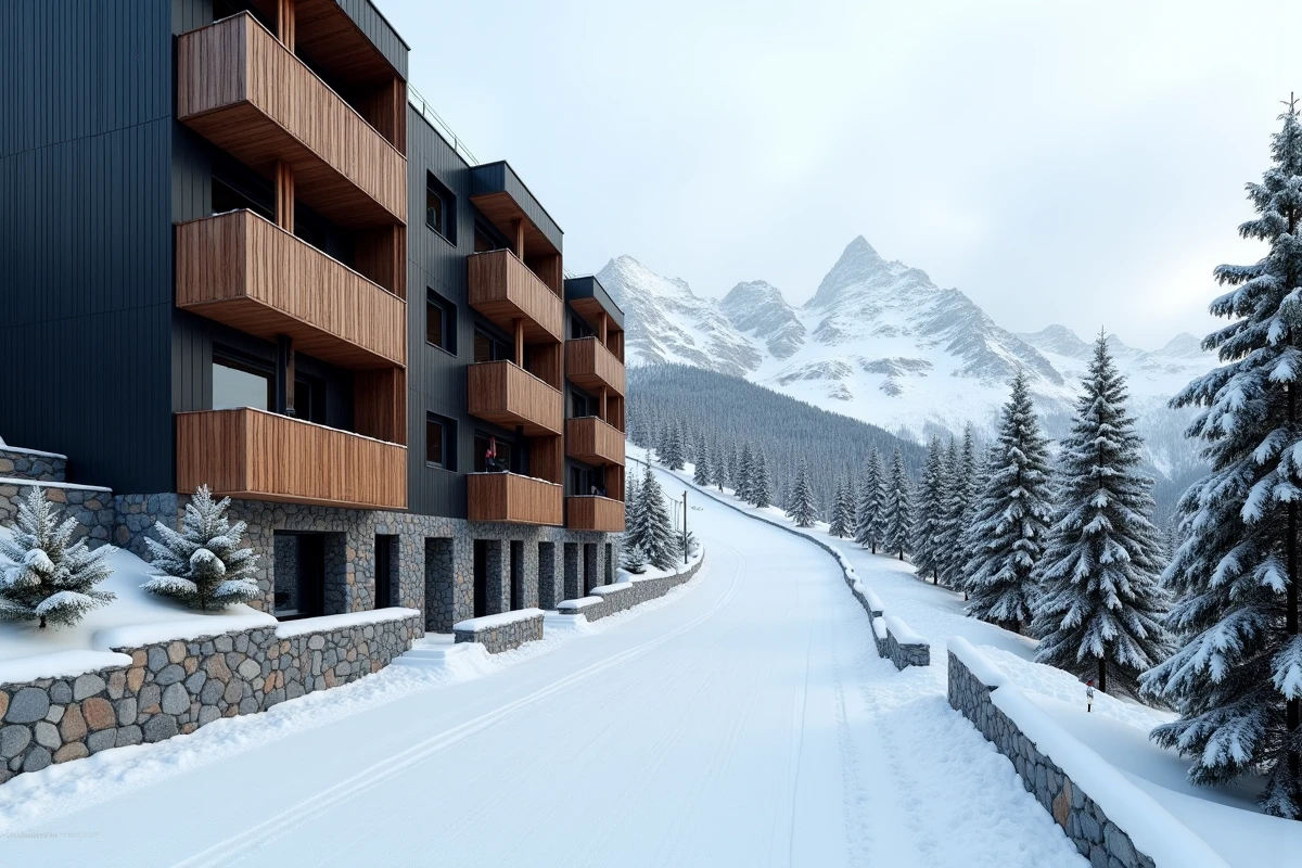 Immeuble d'appartements ski-in ski-out en pierre et bois sur les pistes enneigées d'Andorre