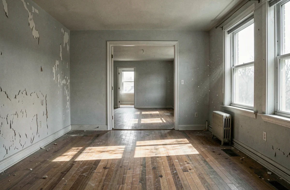 Appartement vacant à l'abandon avec parquet poussiéreux illustrant la problématique des logements vides soumis à taxe