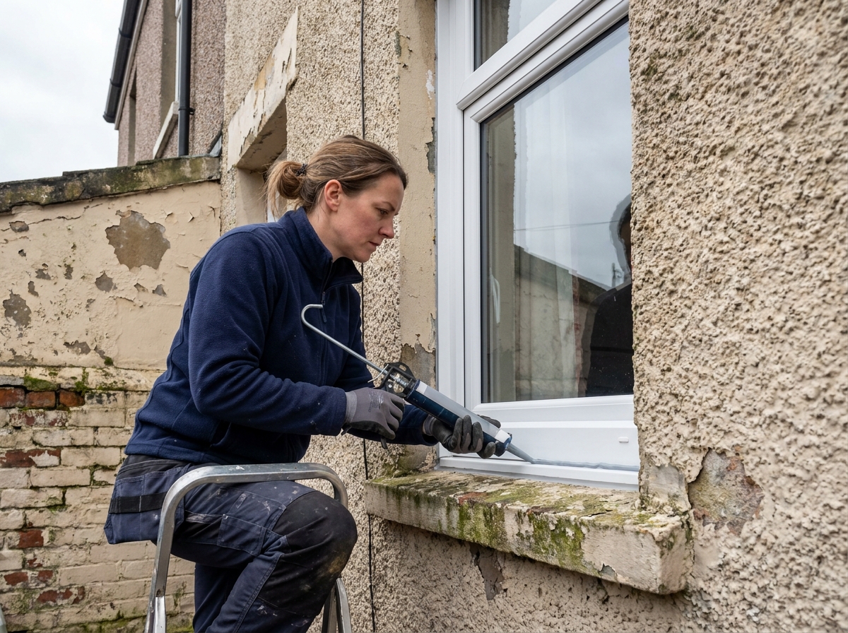 Technicienne appliquant un joint silicone sur le pourtour extérieur d'une fenêtre PVC en façade de maison