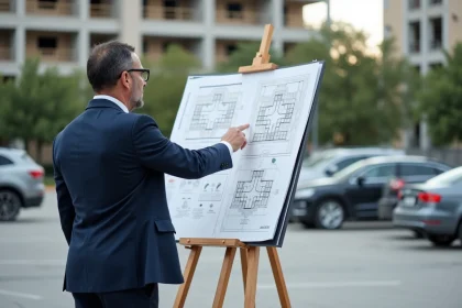 Architecte pointant un plan de stationnement extérieur