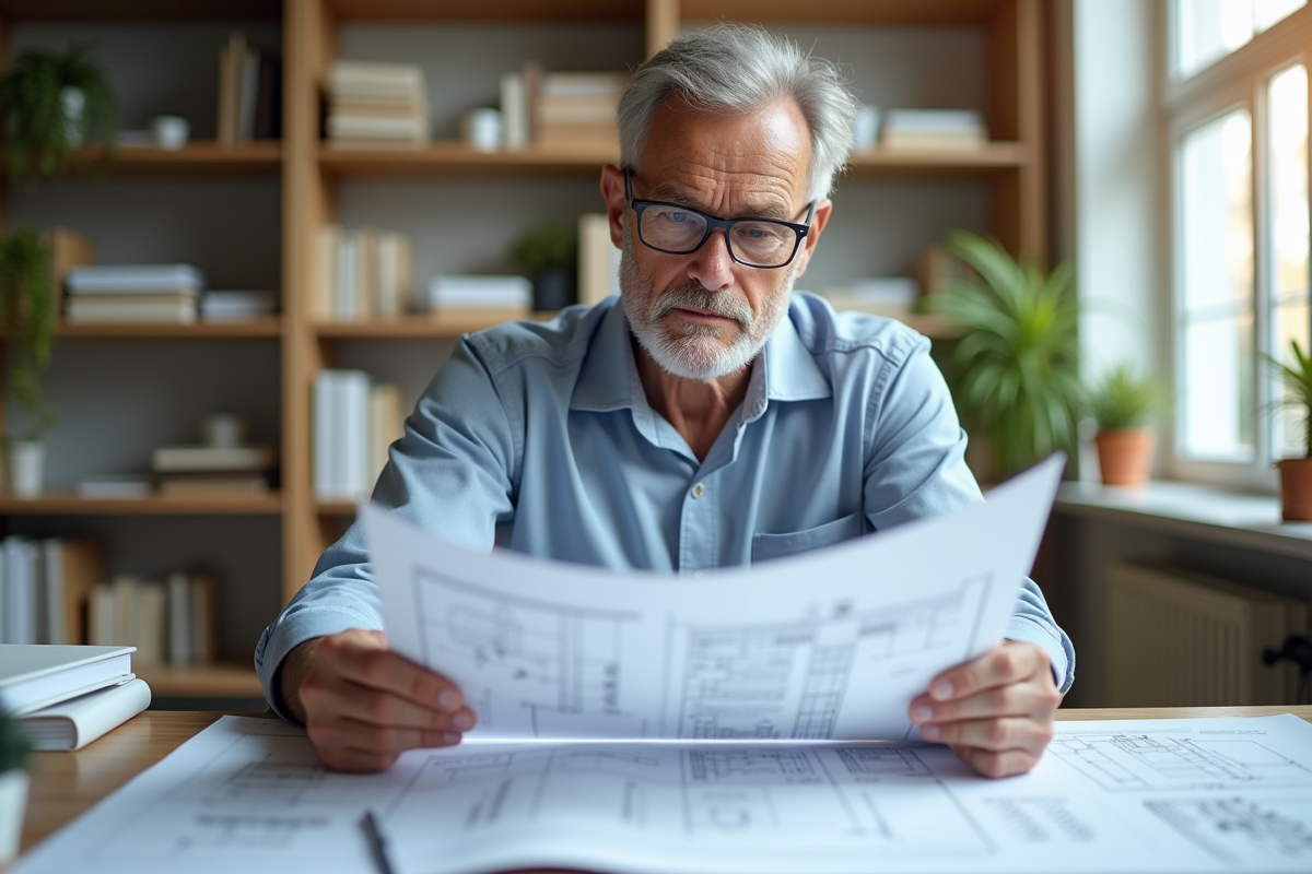 Architecte examinant des plans dans un bureau lumineux