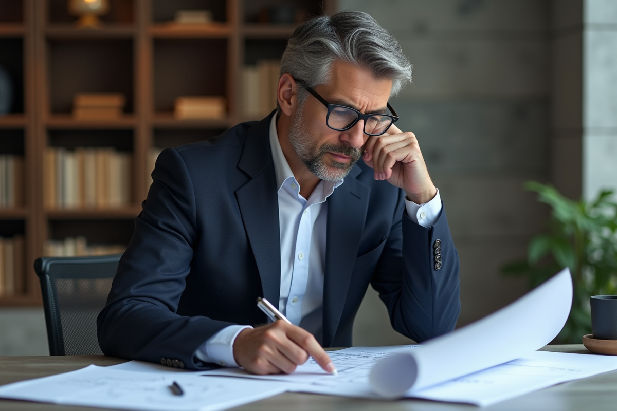 Architecte homme en costume étudie des plans dans un bureau moderne