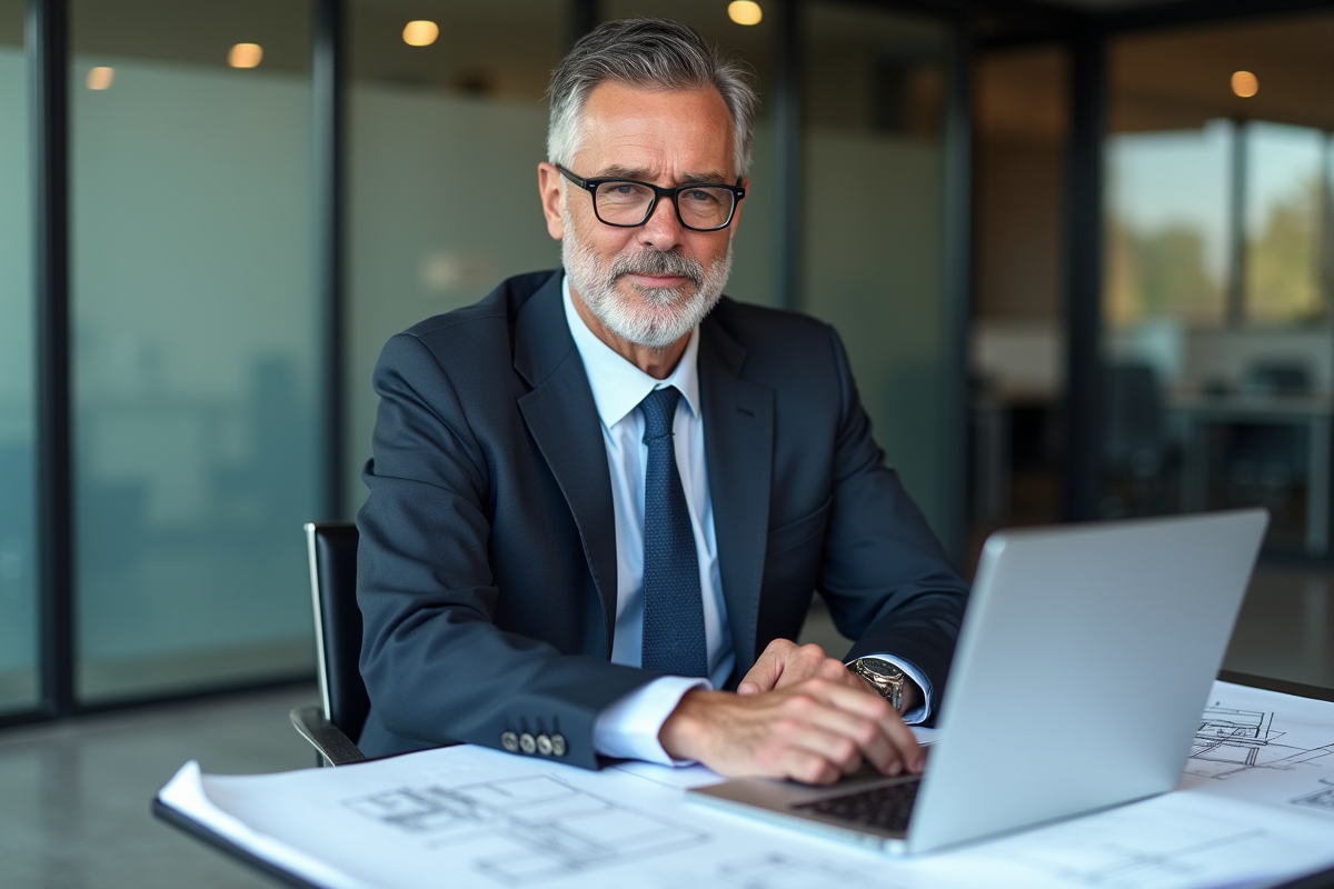 Architecte homme en bureau avec plans et ordinateur