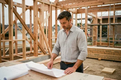 Architecte examinant des plans sur un chantier de construction à ossature bois avec des panneaux structuraux apparents