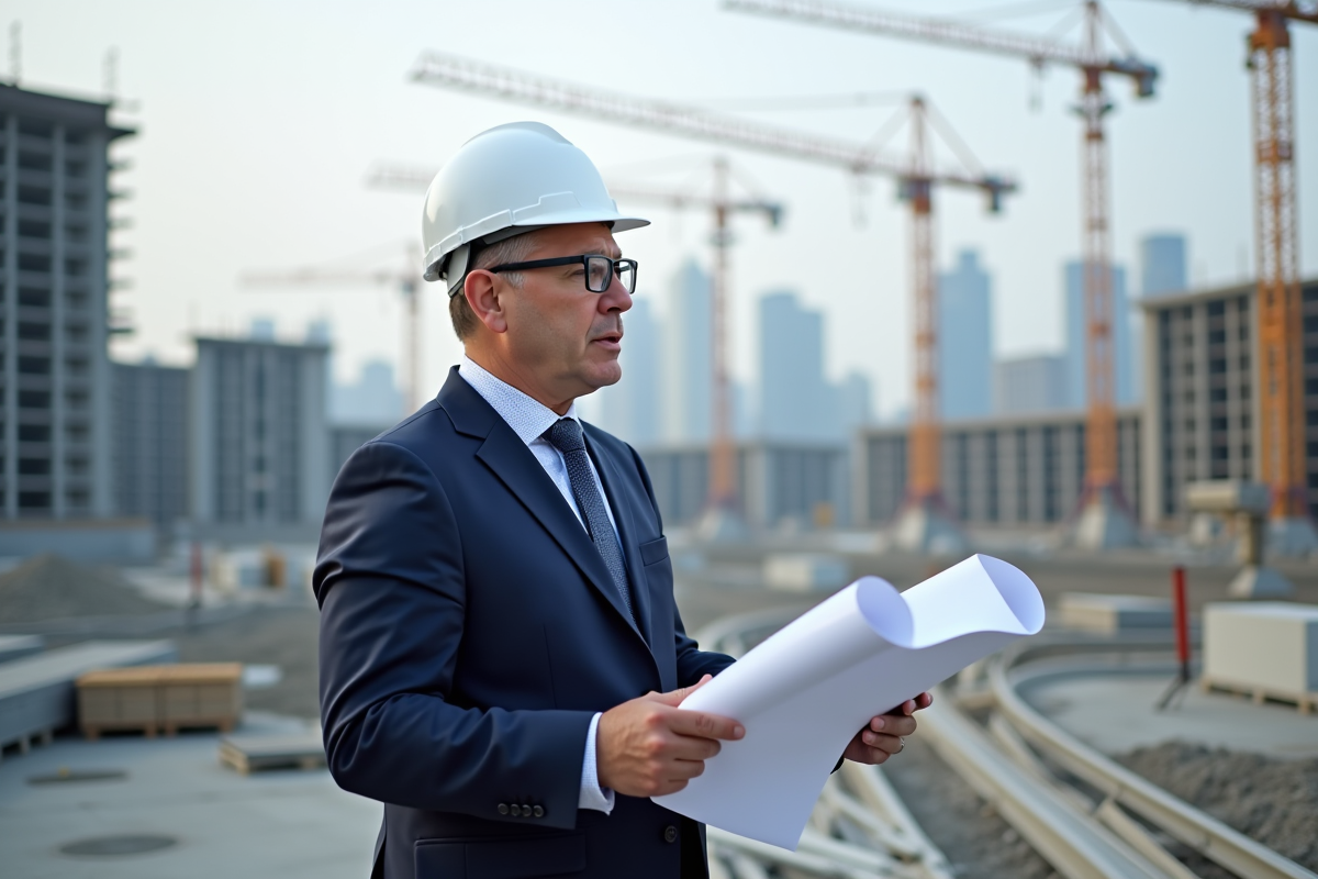 Architecte homme en costume bleu sur site en construction