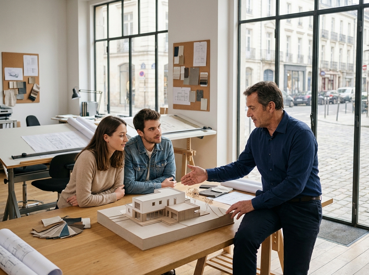 Architecte présentant une maquette d'extension de maison à un couple lors d'une consultation à Nantes pour anticiper l'arrivée d'un enfant