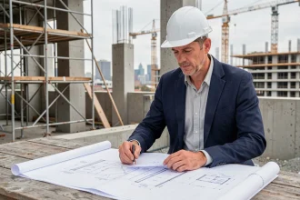 Architecte en chef examinant des plans de construction sur un chantier urbain actif avec structures en béton et échafaudages