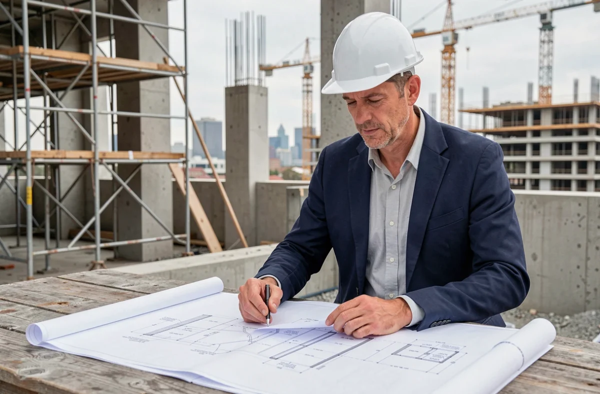 Architecte en chef examinant des plans de construction sur un chantier urbain actif avec structures en béton et échafaudages