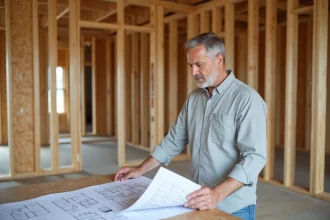 Architecte examinant les plans d'une maison à ossature bois en cours de construction avec charpente en bois apparente