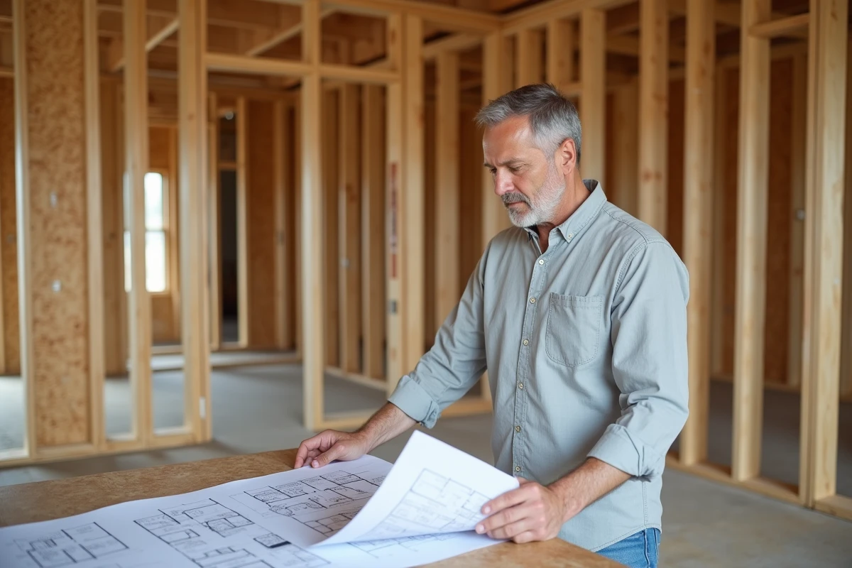 Architecte examinant les plans d'une maison à ossature bois en cours de construction avec charpente en bois apparente