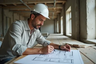 Architecte examinant des plans de rénovation dans un appartement en travaux pour estimer les dépenses déductibles de la plus-value immobilière
