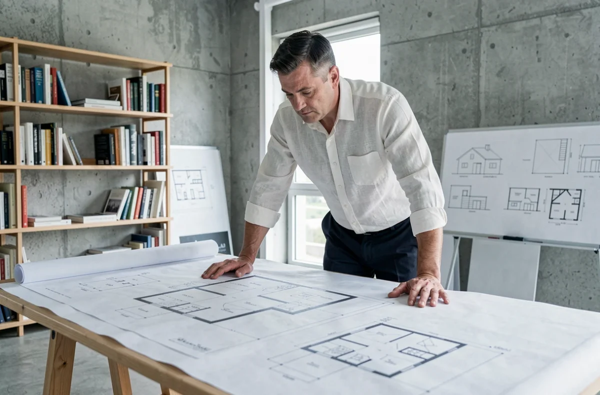 Conseiller d'Architectures Immobilier étudiant des plans architecturaux dans un studio design à Bordeaux