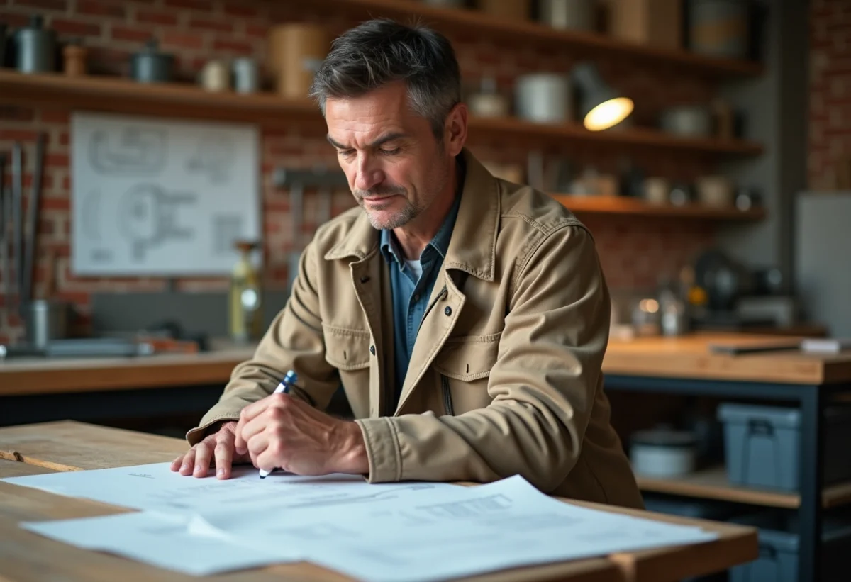 Artisan homme en atelier avec outils et plans