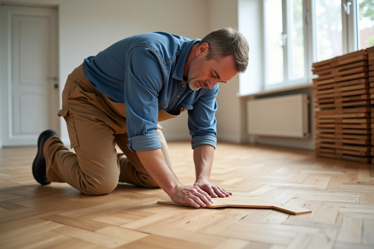 Artisan posant un parquet en chevron dans un salon lumineux