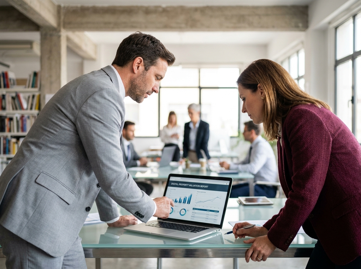 Deux associés examinant un rapport d'évaluation immobilière numérique sur ordinateur portable dans un espace de coworking
