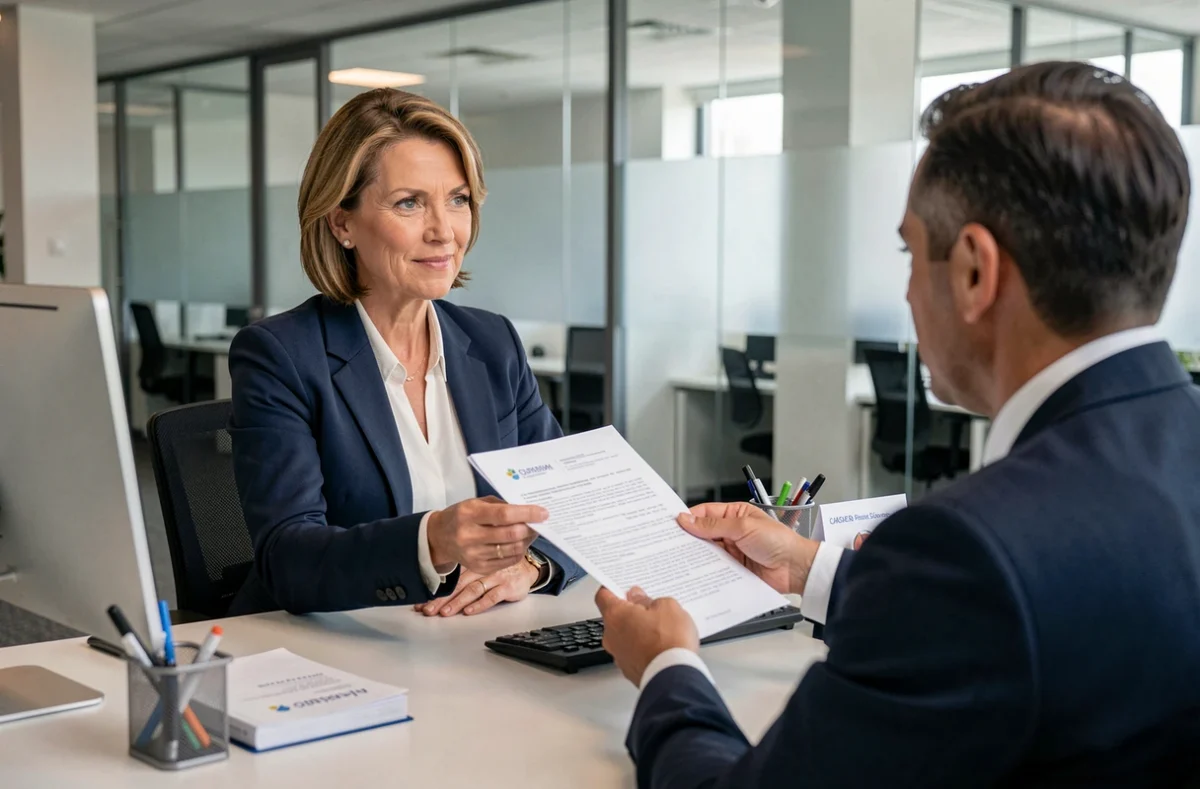 Femme recevant son attestation d'assurance habitation auprès d'un conseiller dans une agence d'assurance